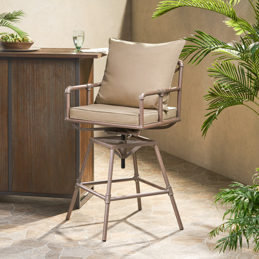 Tan cushioned metal bar stool with adjustable height