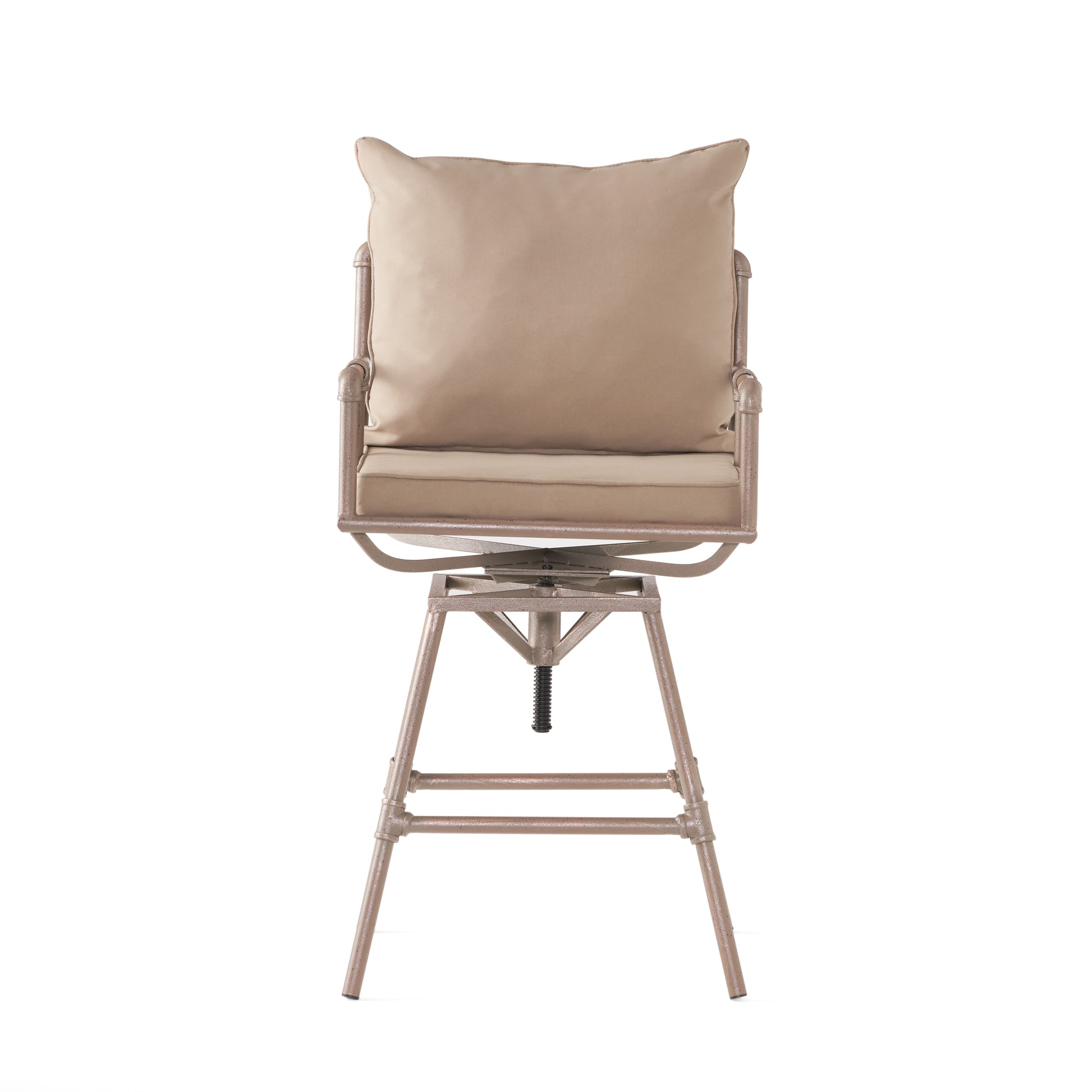 Tan upholstered swivel stool with industrial pipestyle metal base
