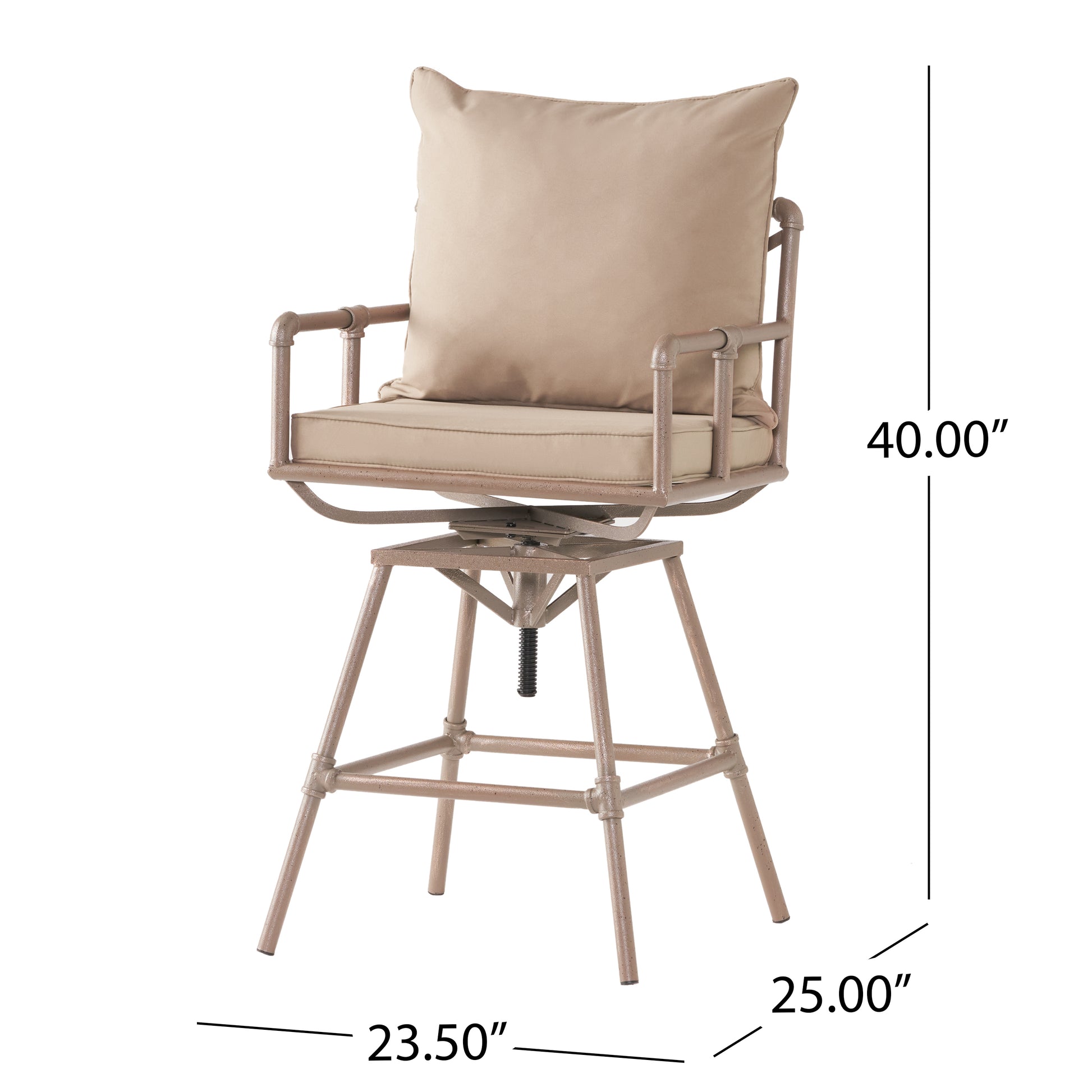 Tan upholstered swivel bar stool with distressed metal frame