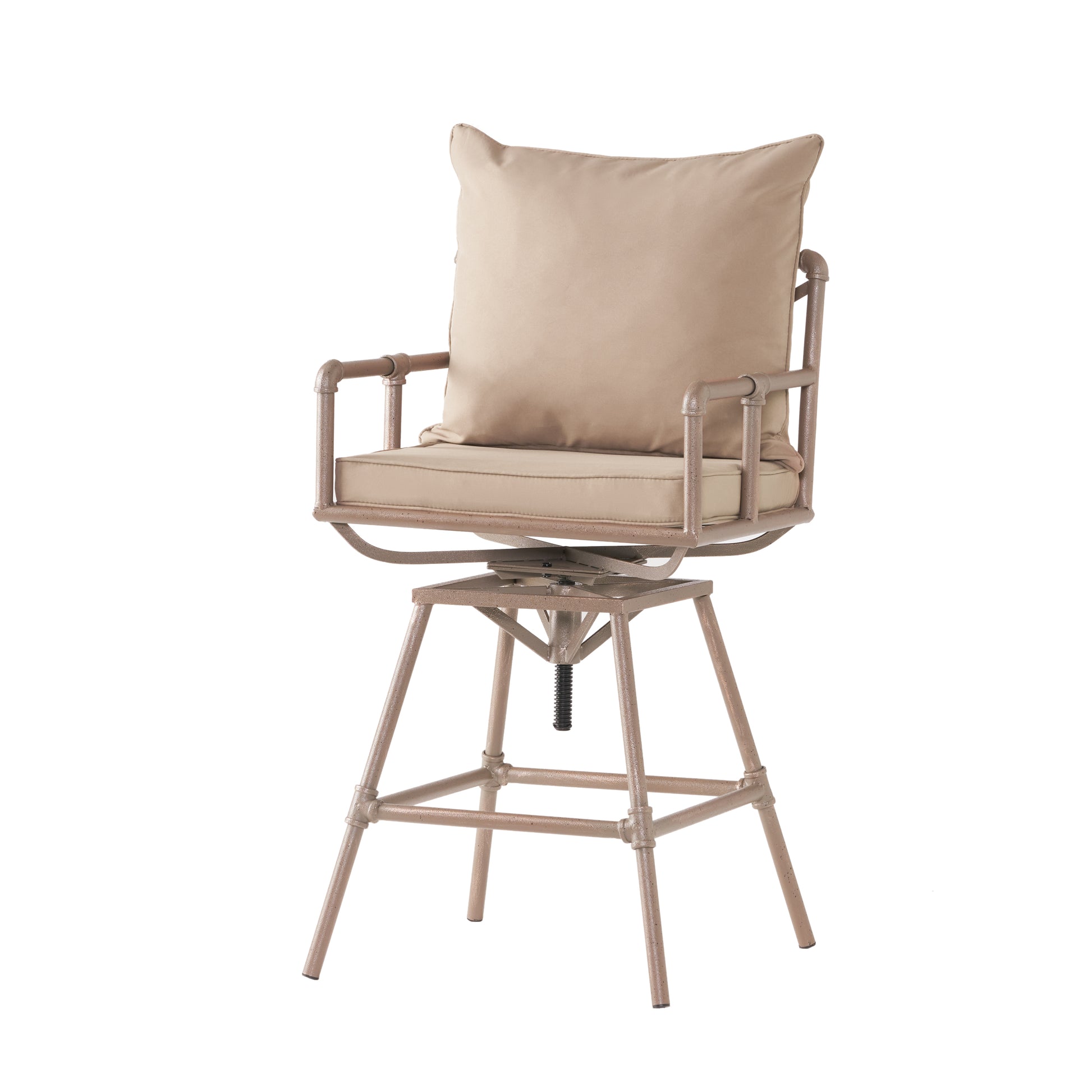 Tan swivel bar stool with metal frame and plush cushion