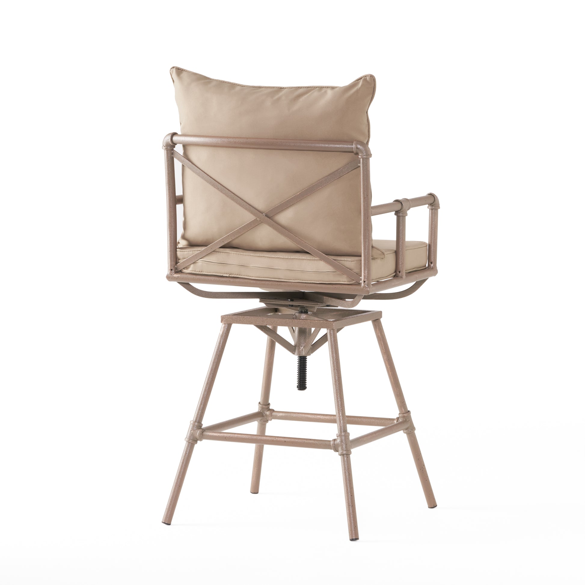 Tan upholstered swivel bar stool with bronze metal frame
