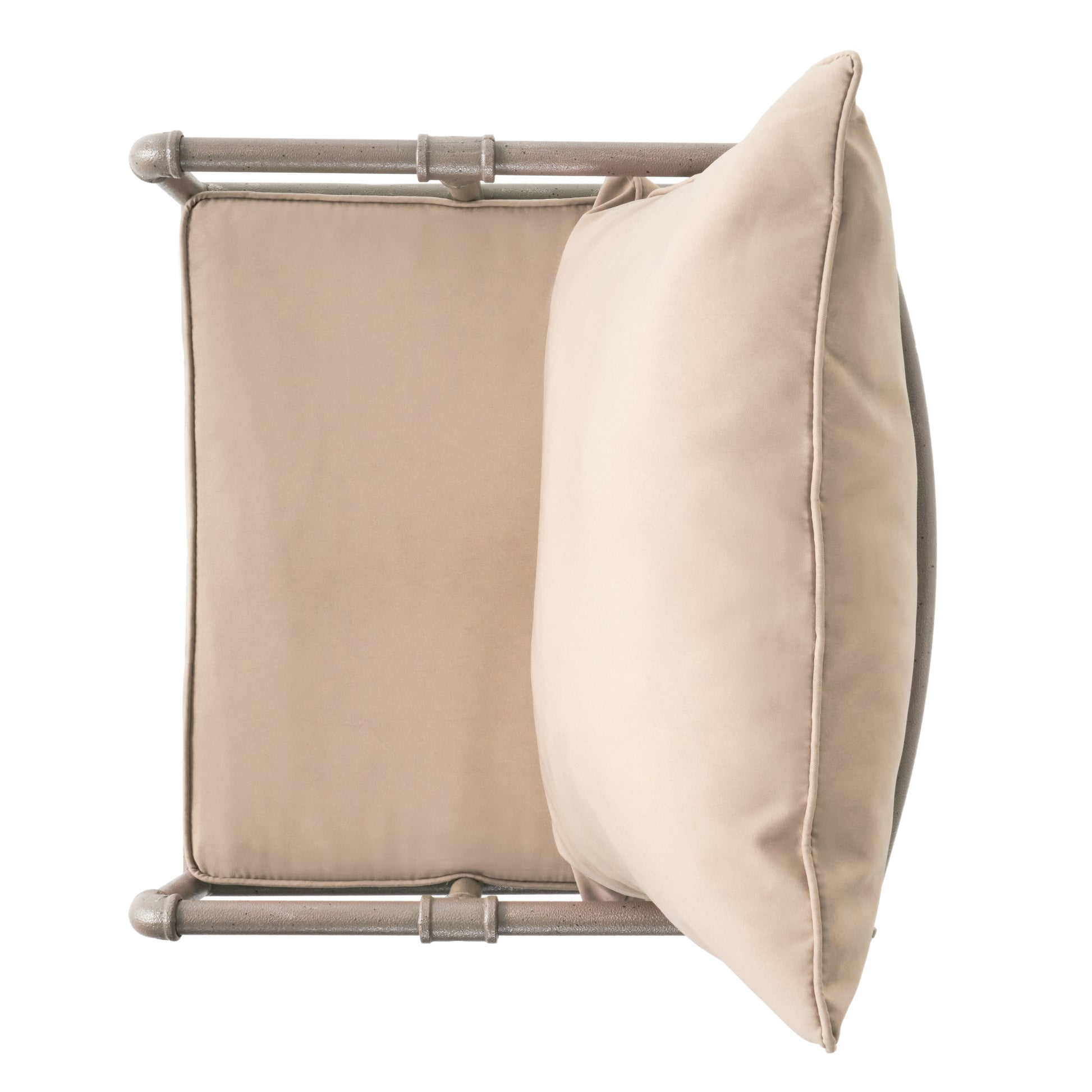 Taupe outdoor lumbar pillow with piped edges on a gray metal frame