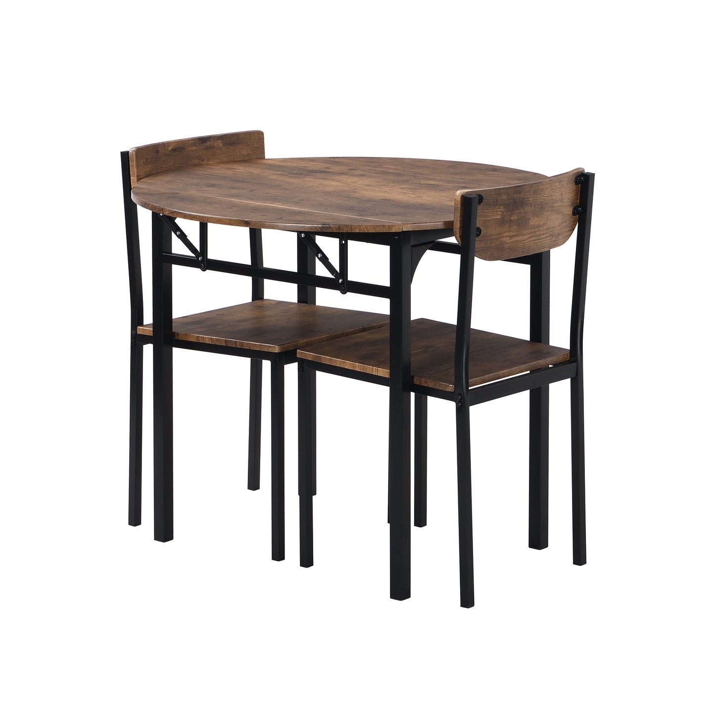 Rustic brown round dining table with two chairs
