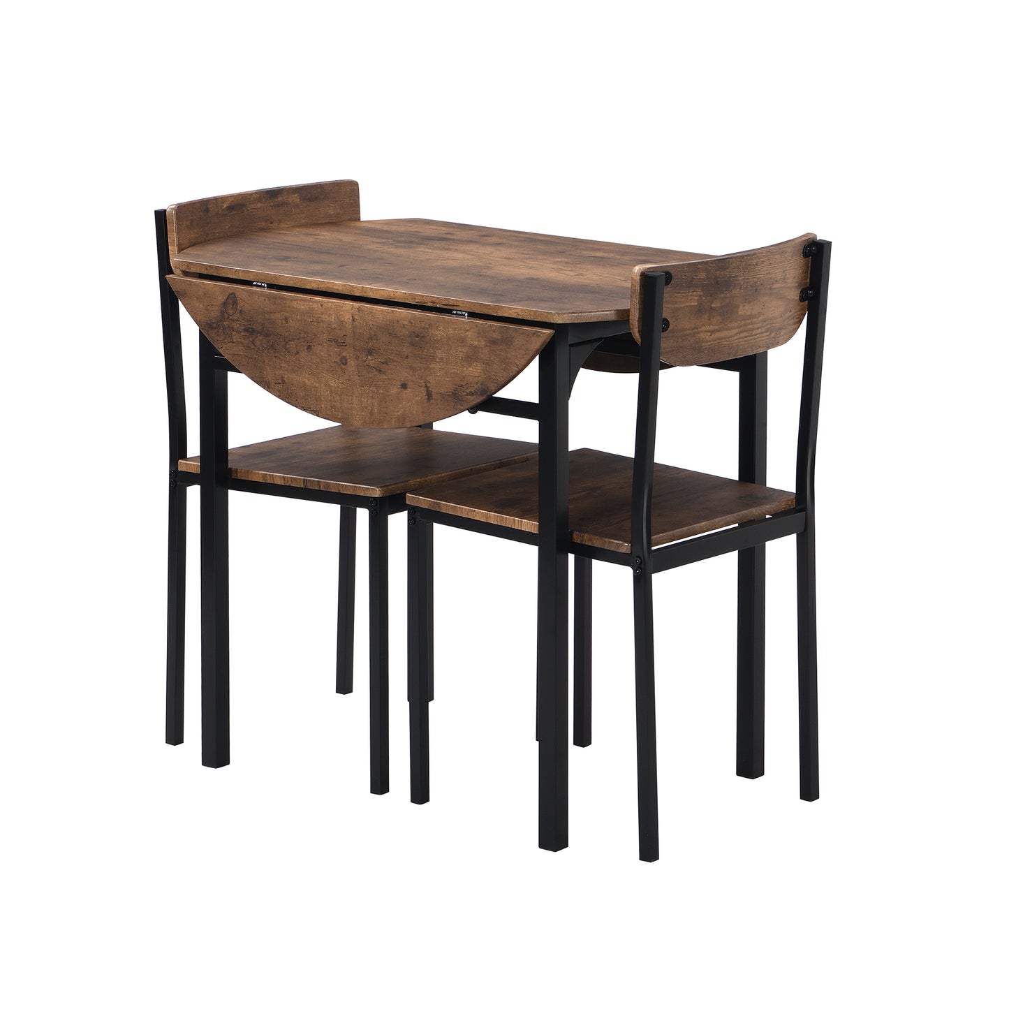 Brown dropleaf dining table and two chairs with black metal frame