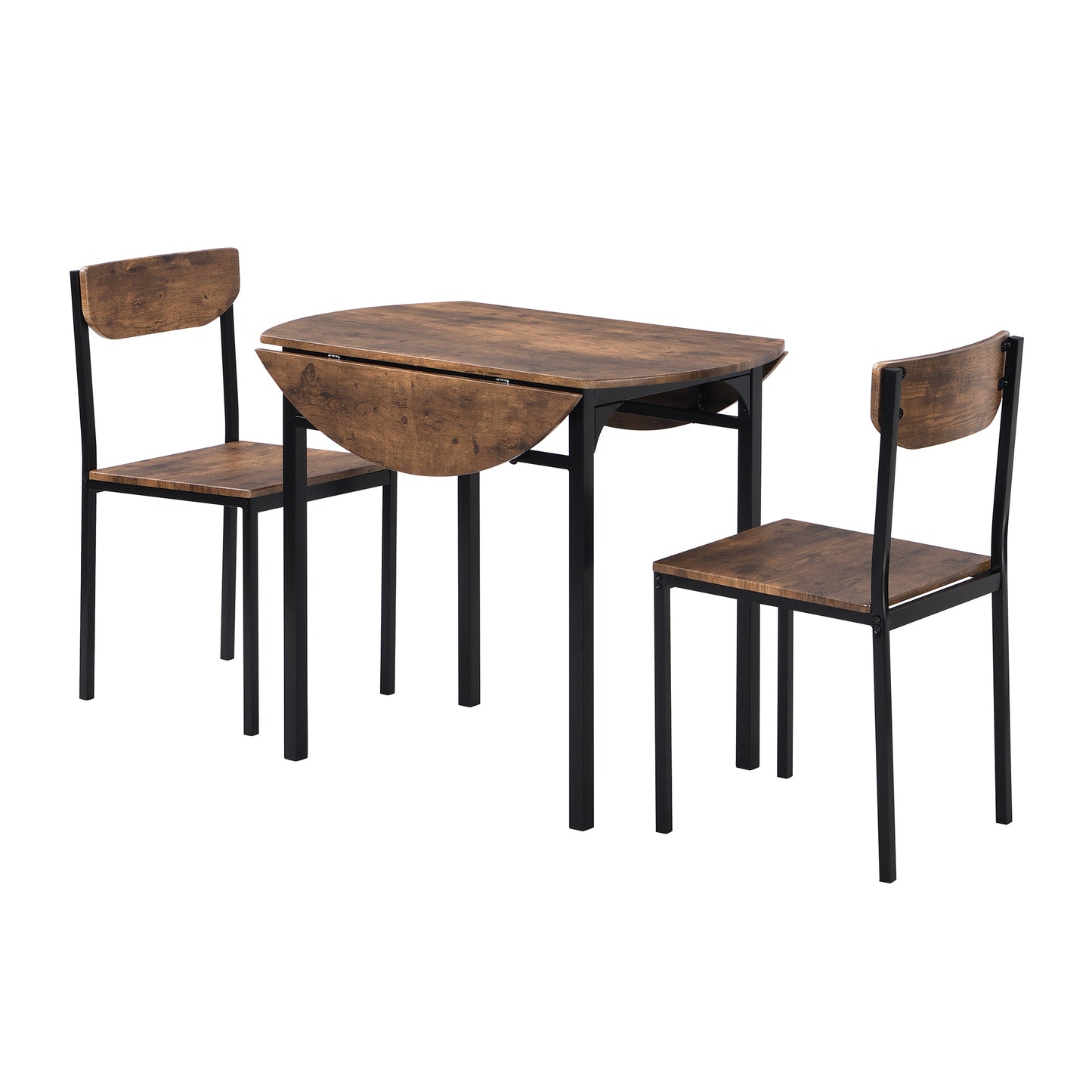 Compact dropleaf dining table with two rustic wood chairs