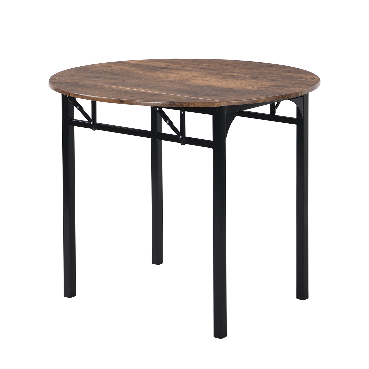 Rustic brown round dining table with black metal legs