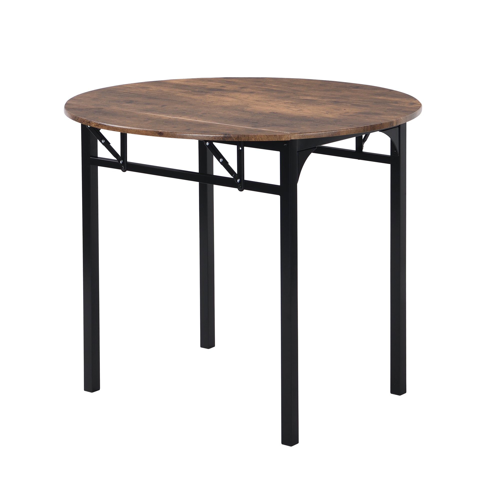 Rustic brown round dining table with black metal legs