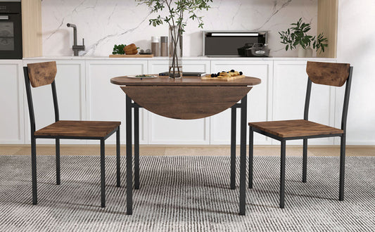 Rustic dropleaf dining table with two wooden chairs and black metal frames