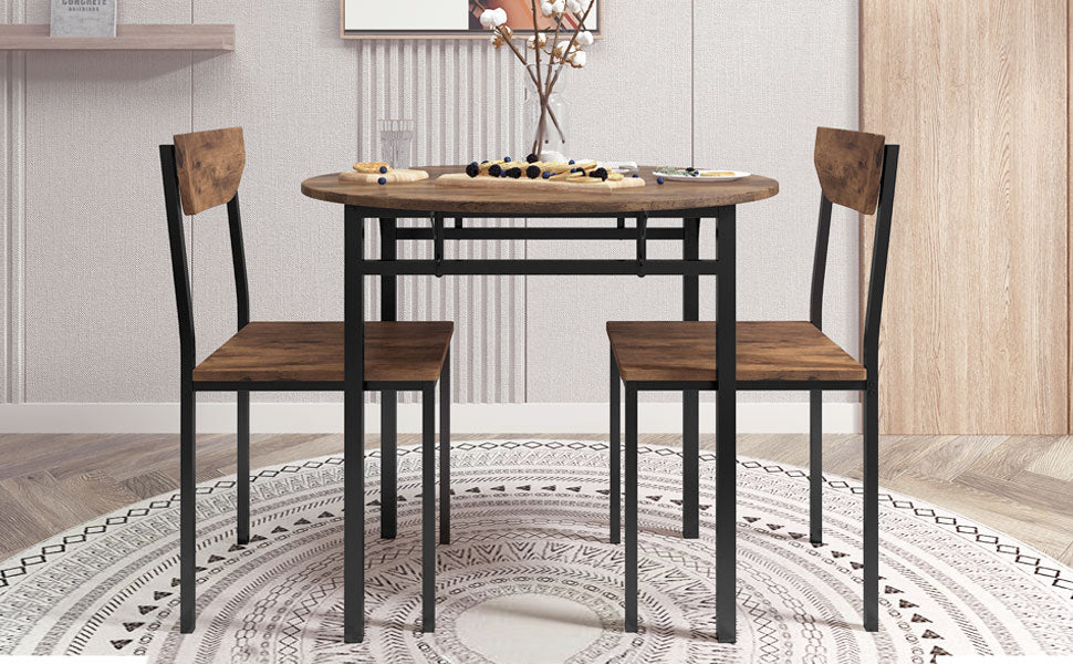 Rustic brown dining set with round tabletop and two chairs