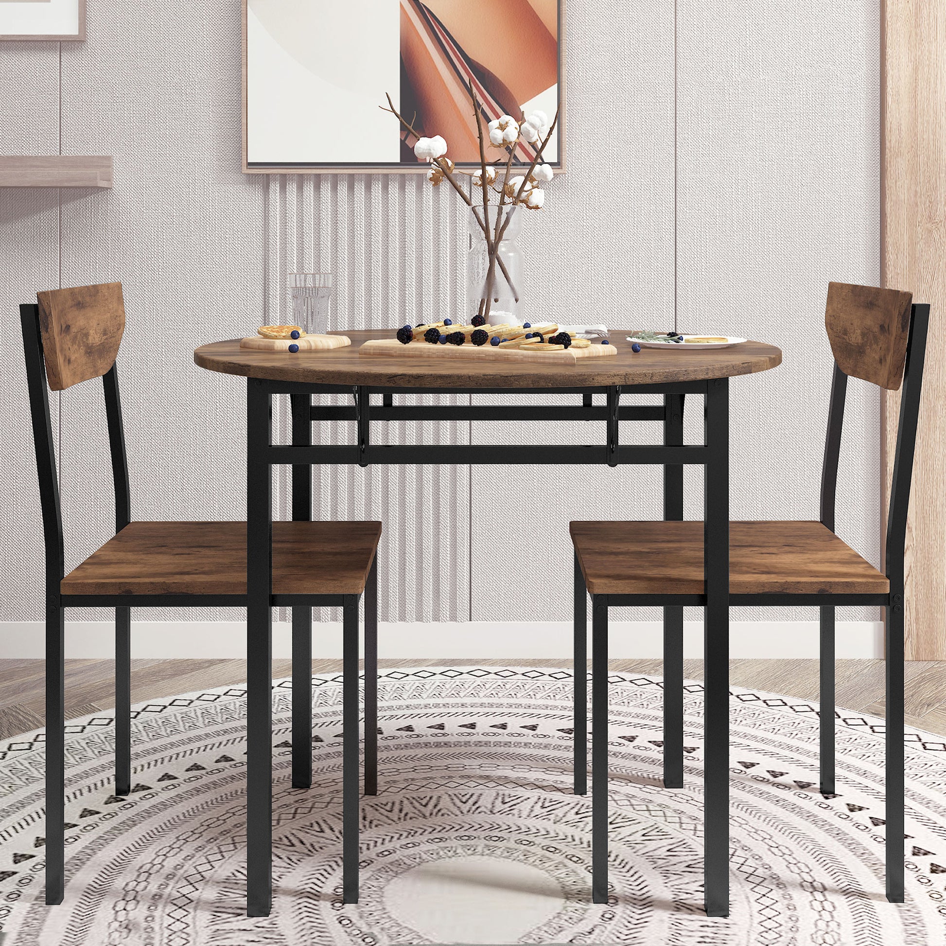 Rustic wood and metal dining set with two chairs