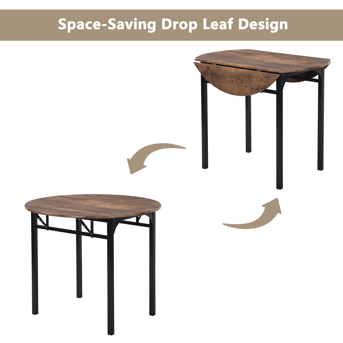 Rustic brown round drop leaf dining table with black metal legs
