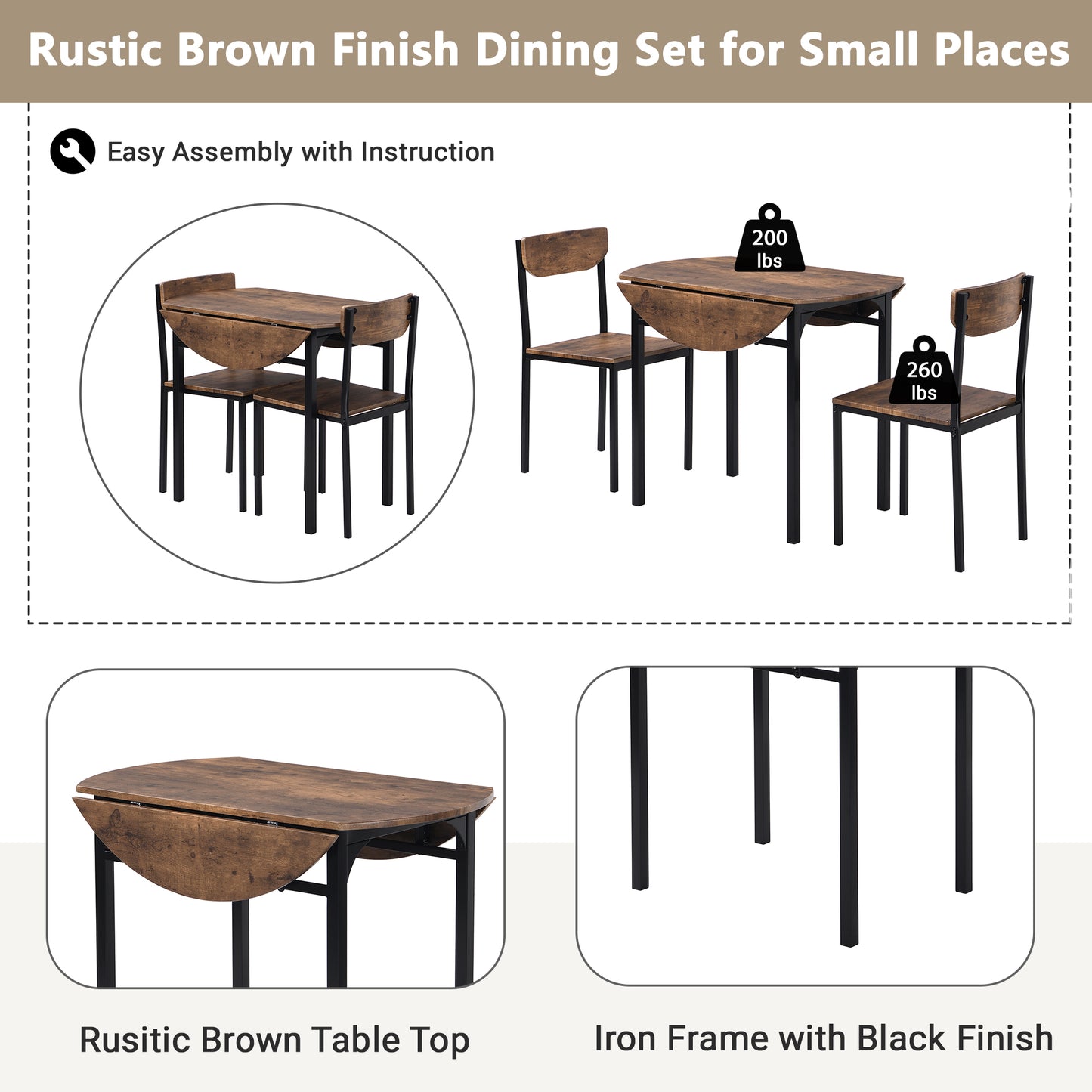 Rustic brown drop leaf dining set with black iron frame