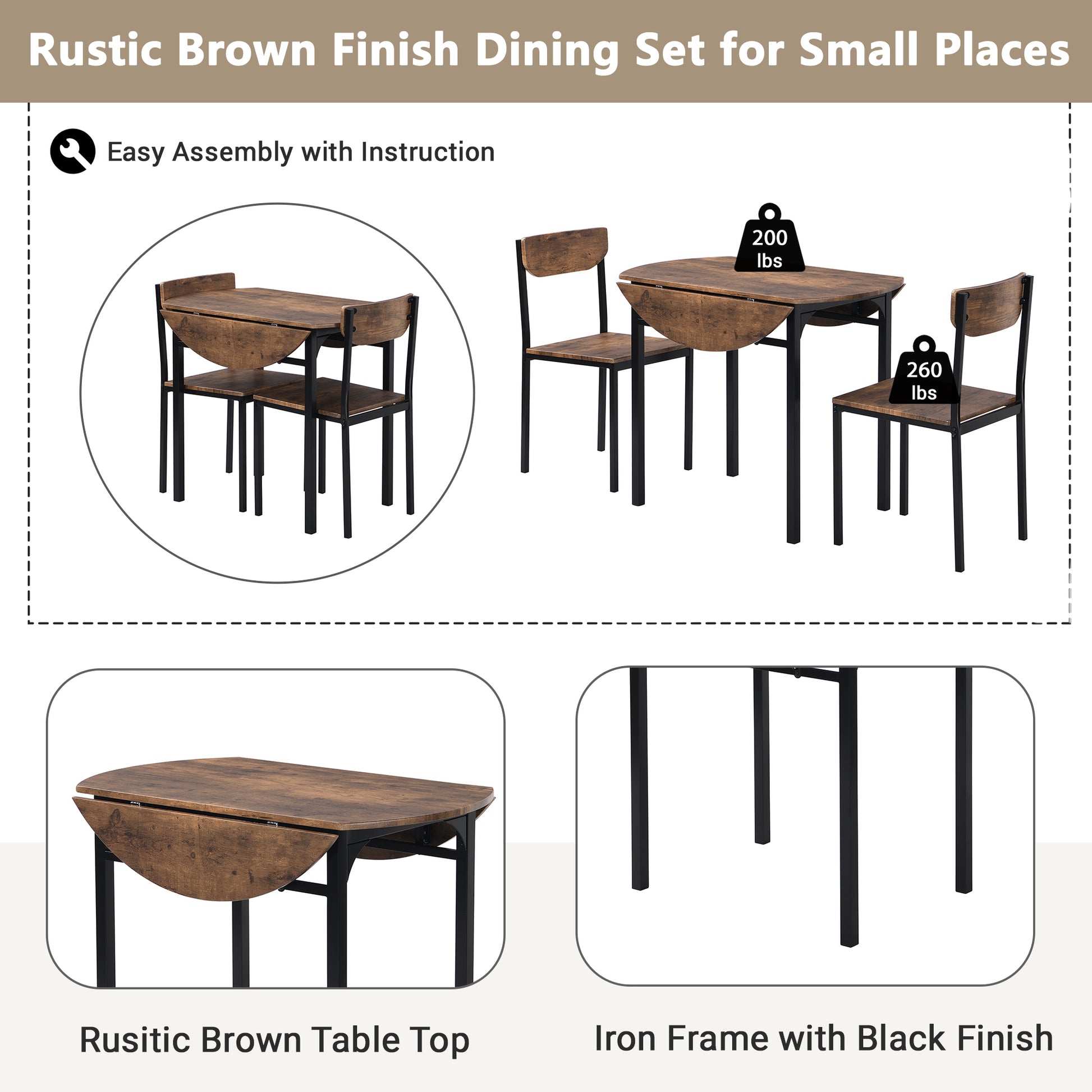Rustic brown drop leaf dining set with black iron frame