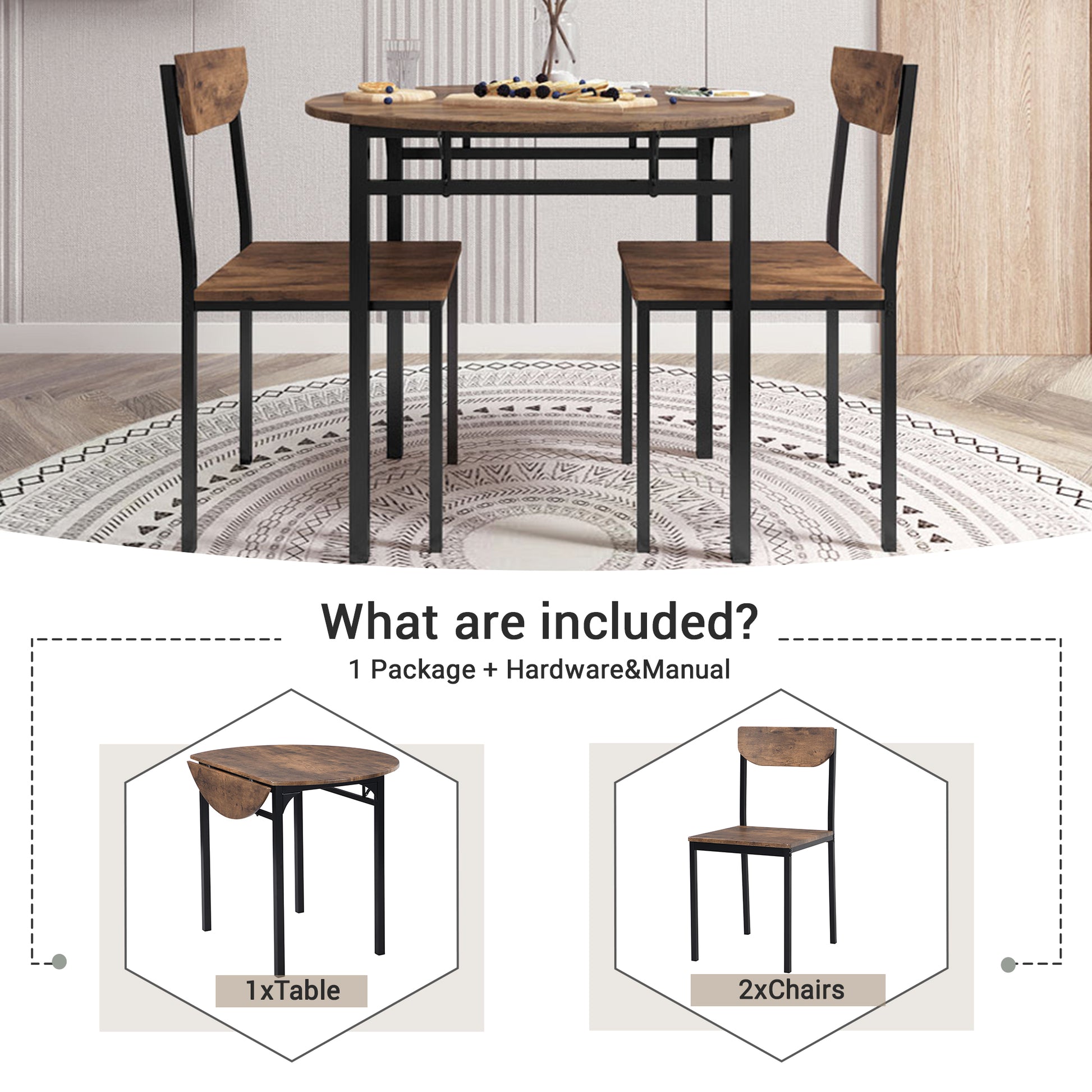 Rustic industrial dining table set with brown wood top and black metal legs
