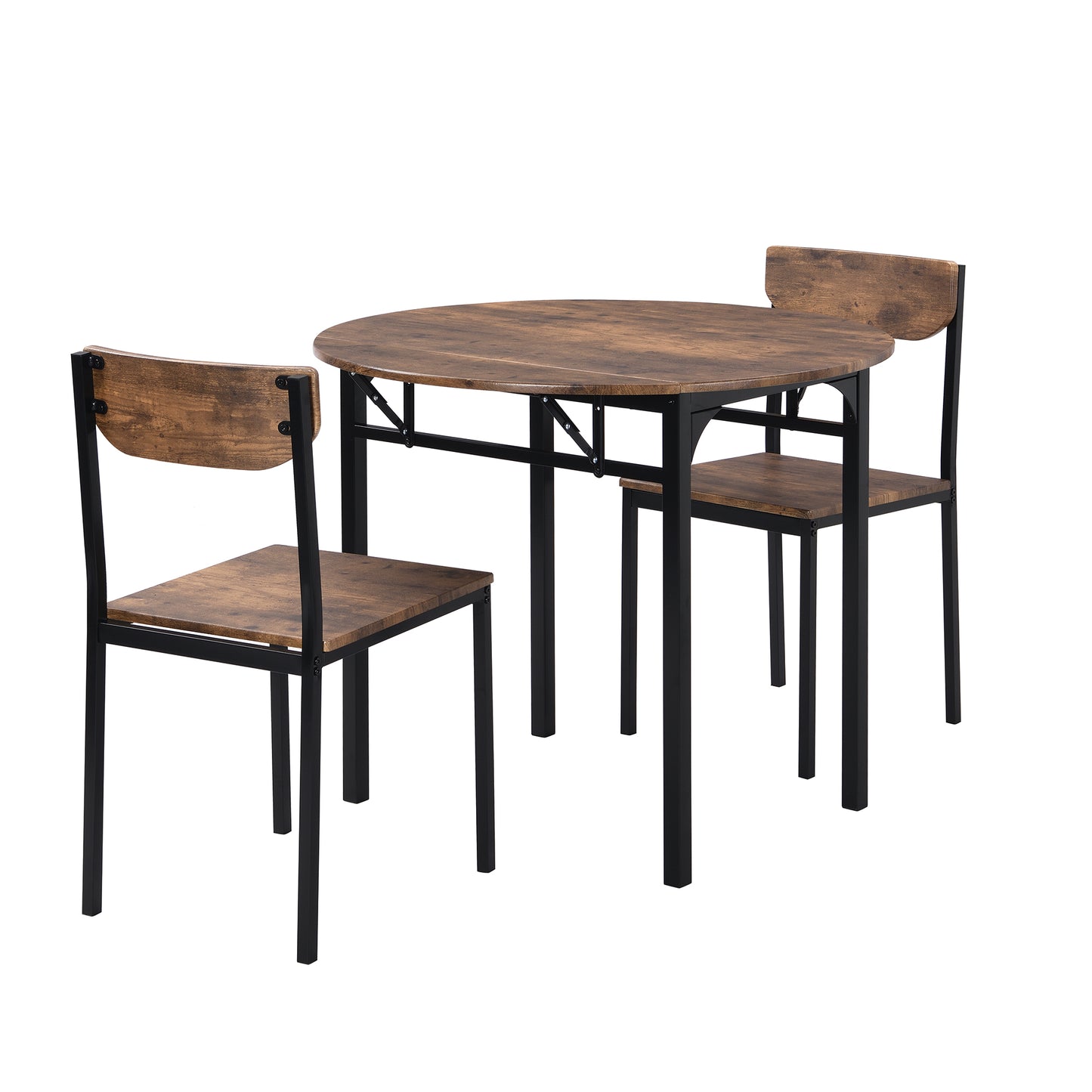 Rustic wood dining set with round table and two chairs