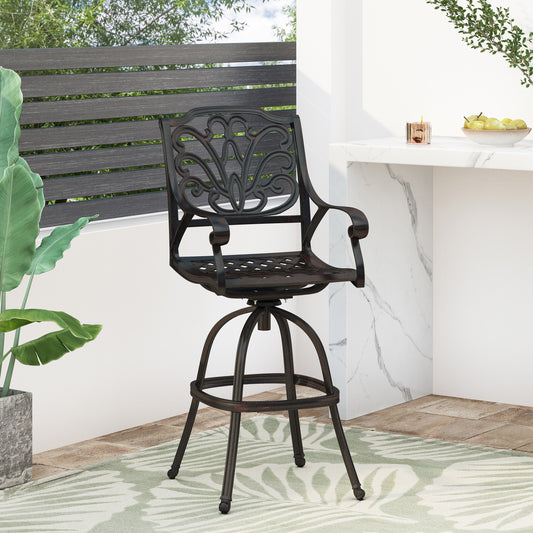 Ornate wrought iron bar stool with swivel base and decorative backrest