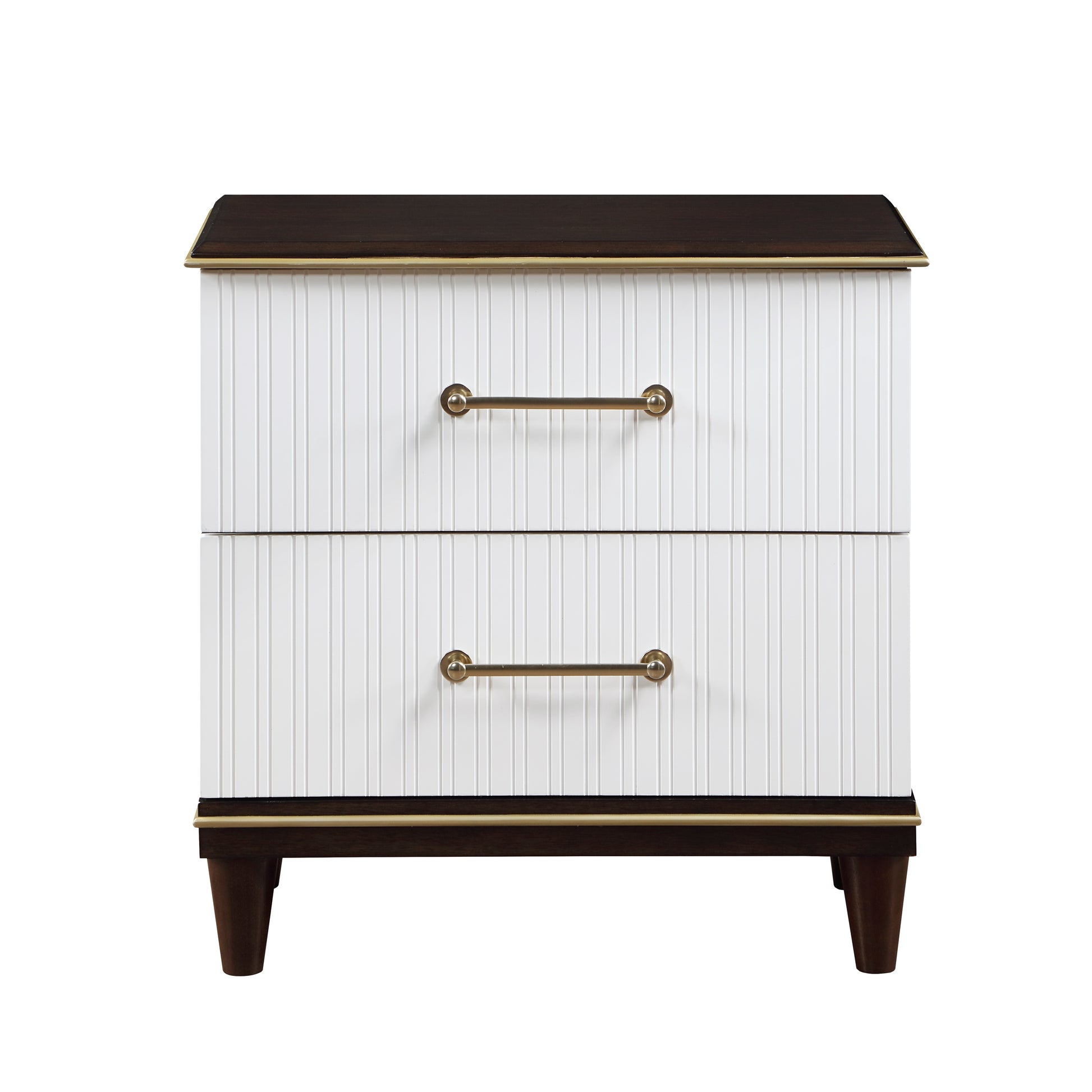 White ribbed twodrawer nightstand with dark wood top and tapered legs