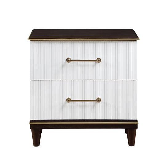 White ribbed twodrawer nightstand with dark wood top and tapered legs
