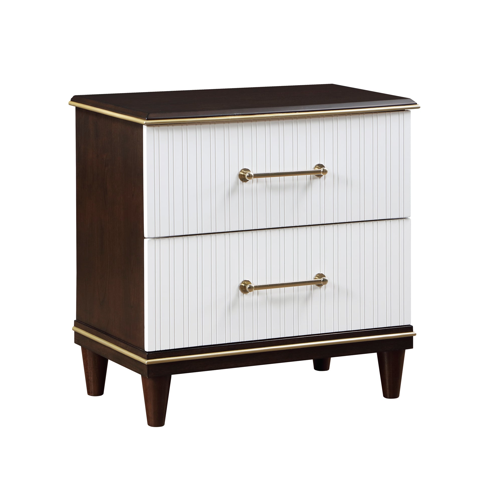 Dark wood bedside table with fluted white drawers and gold handles
