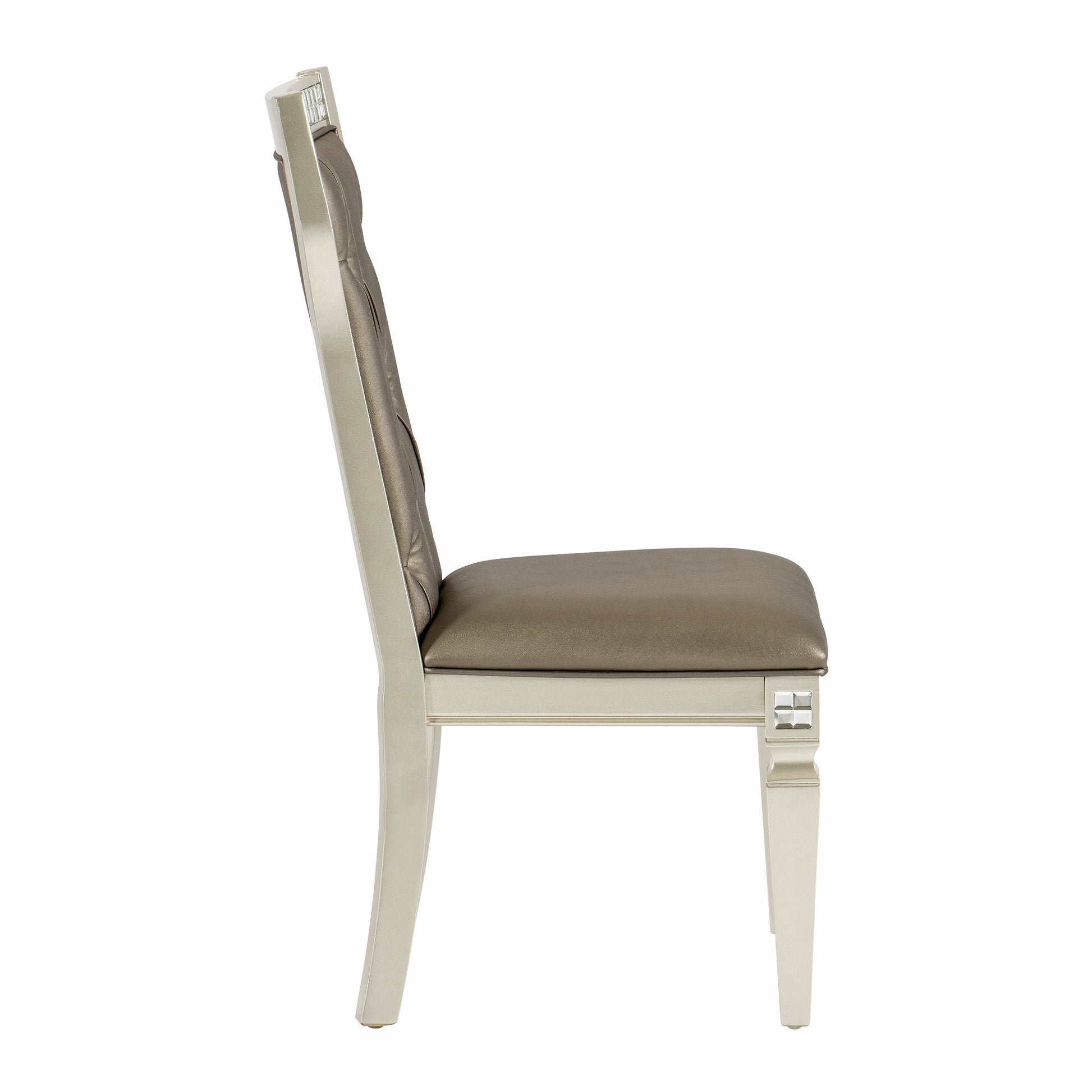 Elegant taupe upholstered dining chair with tufted back and silver frame