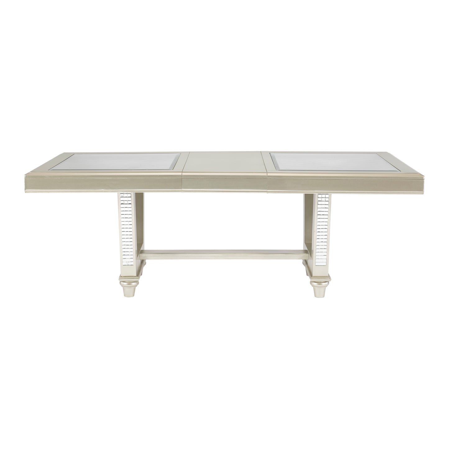 Gold dining table with mirrored inlays and glass top