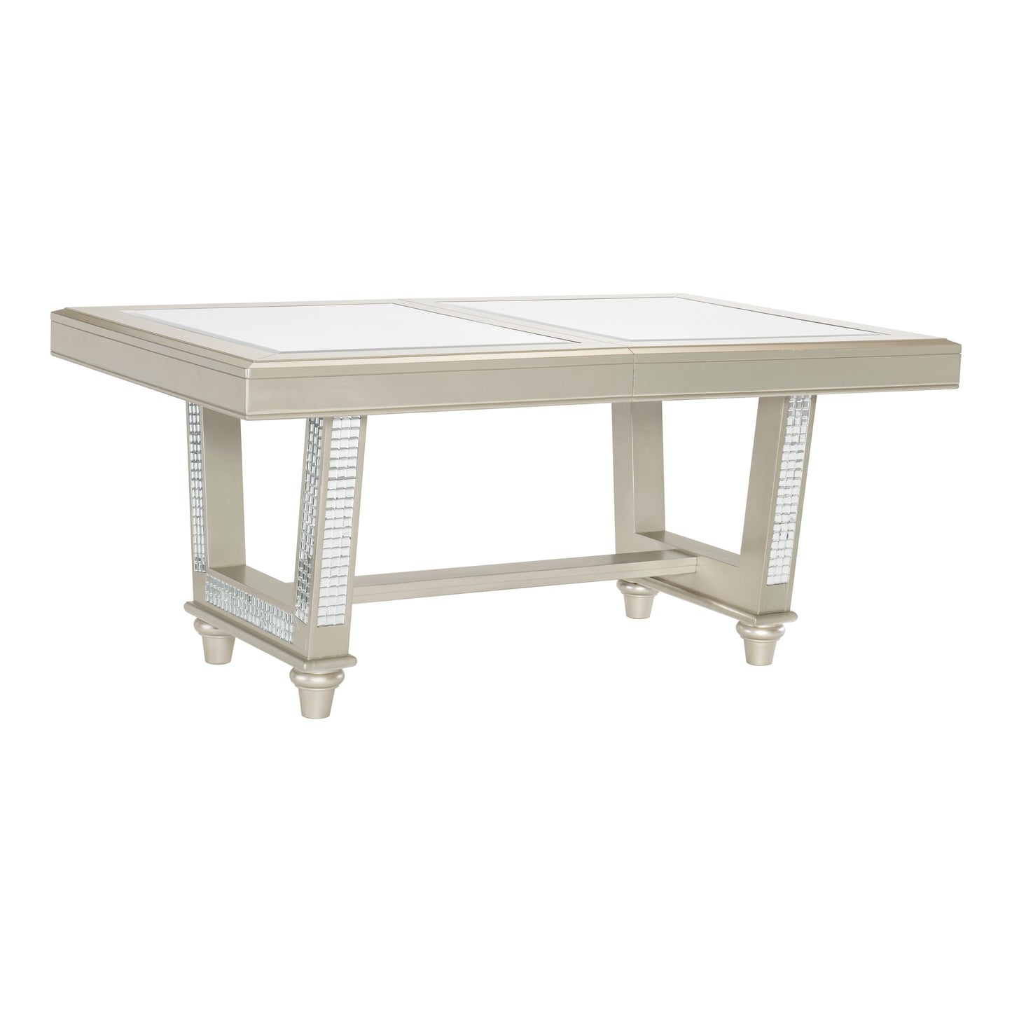 Glam dining table with mirrored accents and silver finish