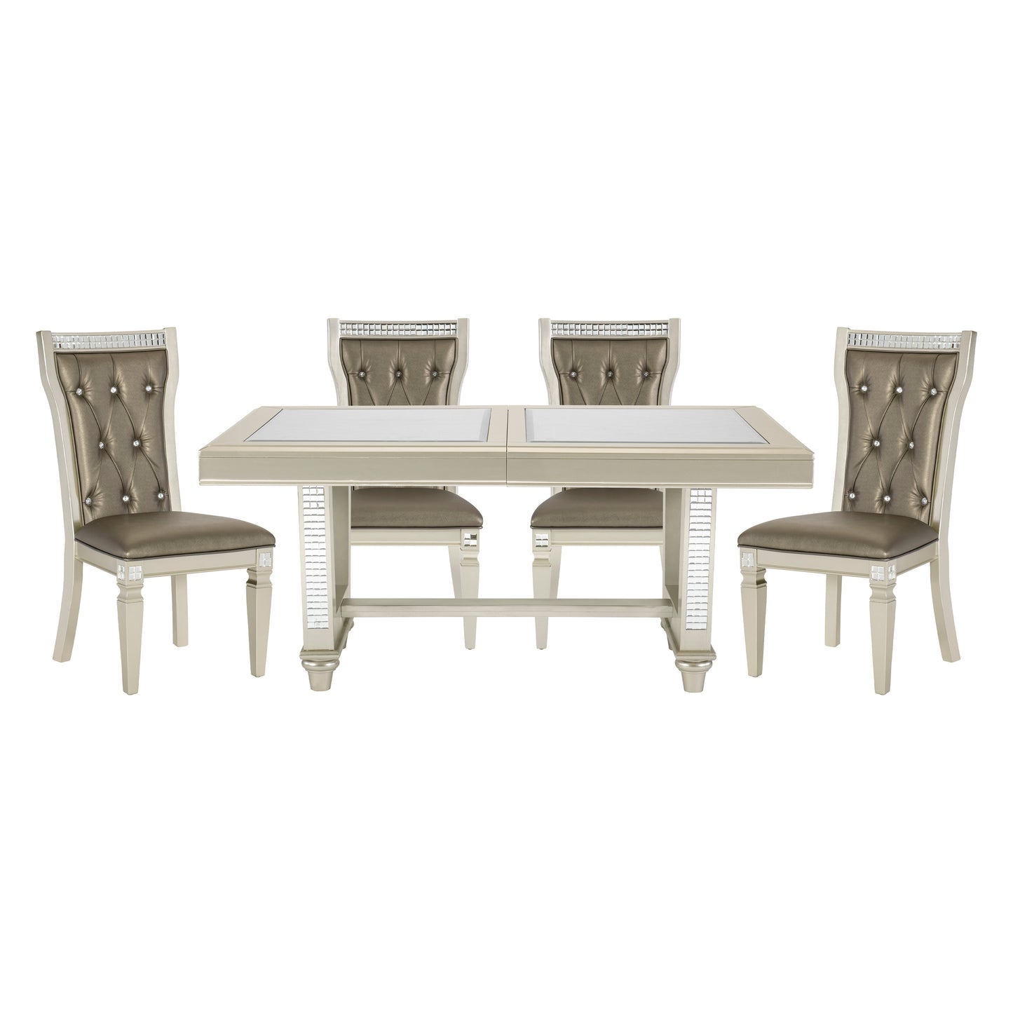 Tufted champagne dining chairs with crystal accents surrounding a mirrored dining table