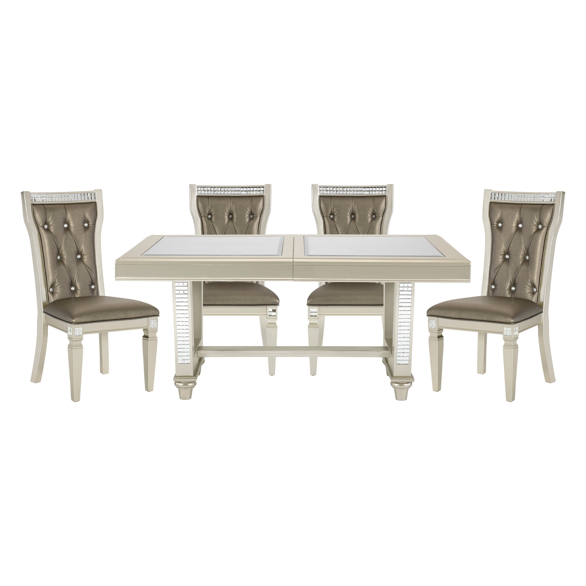 Tufted champagne dining chairs with crystal accents surrounding a mirrored dining table