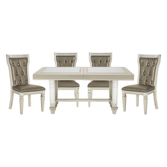 Tufted champagne dining chairs with crystal accents surrounding a mirrored dining table