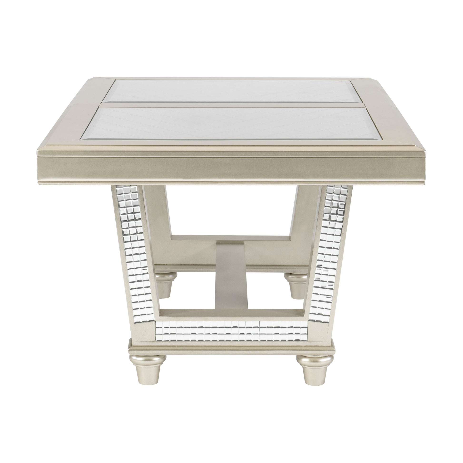 Silver accent coffee table with mirrored panels and faux crystal inlay