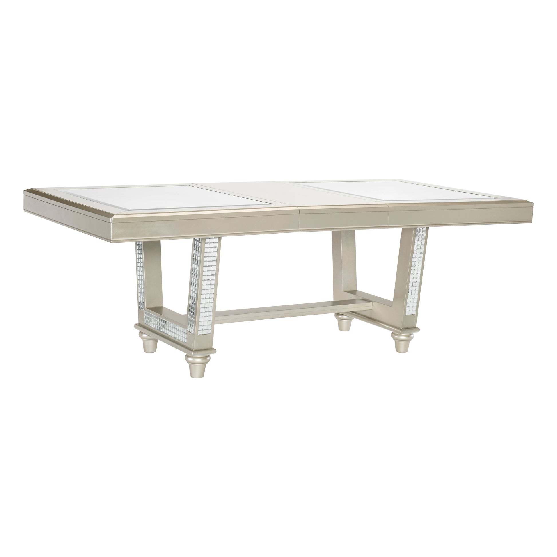 Glam dining table with mirrored accents and champagne finish