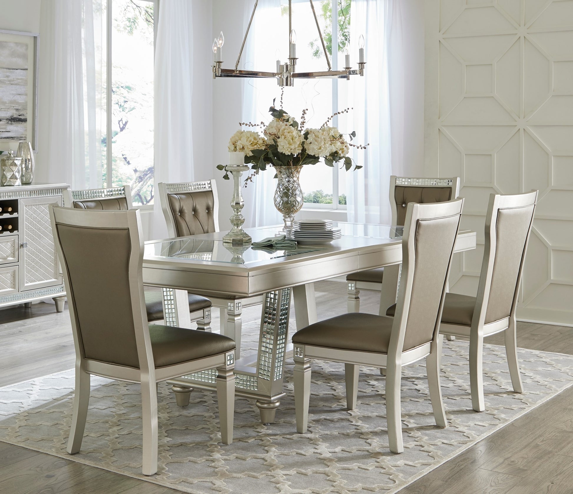 Glamorous silver dining set with mirrored accents