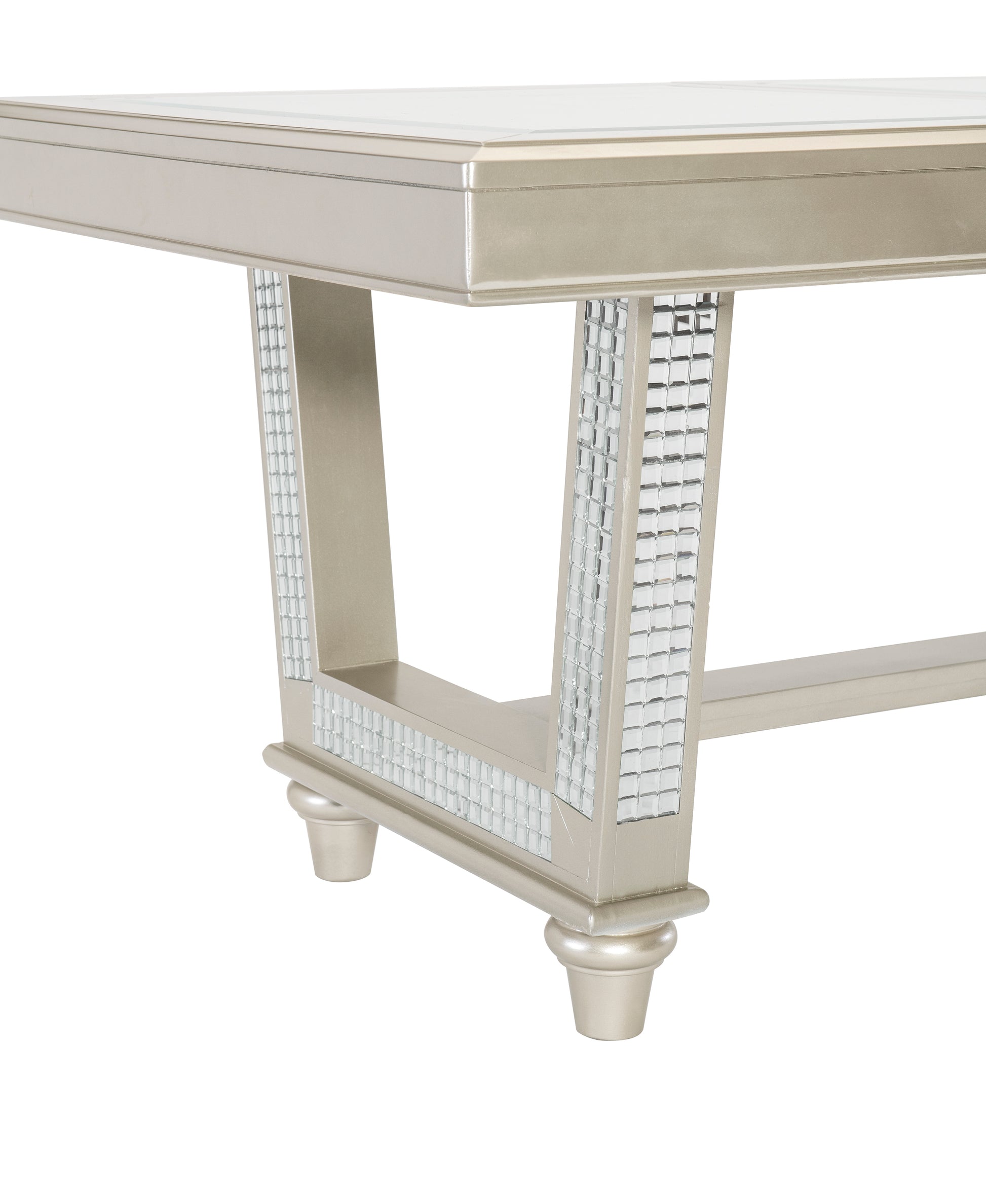 Elegant champagne dining table with mirrored accents and ornate legs