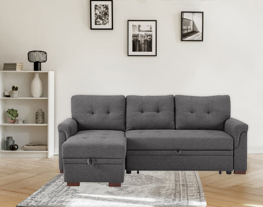 TREATLIFE HOME Reversible Sleeper Sectional Sofa with Storage Chaise, Dark Gray Linen, Tufted Cushion Design