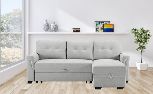 TREATLIFE HOME Light Gray Linen Reversible Sleeper Sectional Sofa with Storage Chaise, Pull-Out Sleeper and Tufted Cushions, Modern Design