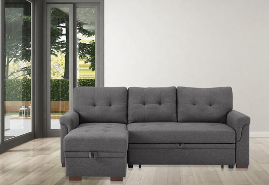 TREATLIFE HOME Reversible Sleeper Sectional Sofa with Storage Chaise, Dark Gray Linen Upholstery, Tufted Design