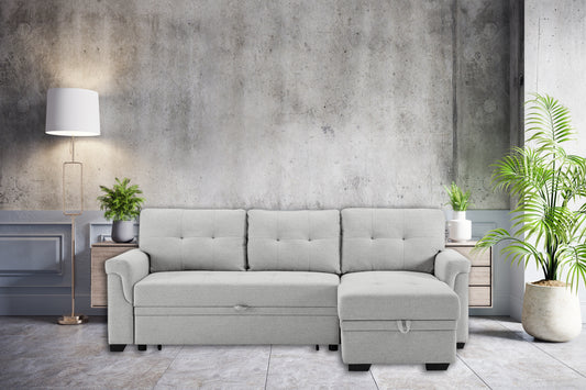 TREATLIFE HOME 84-Inch Reversible Sleeper Sectional Sofa with Storage Chaise, Light Gray Linen, Medium Firmness