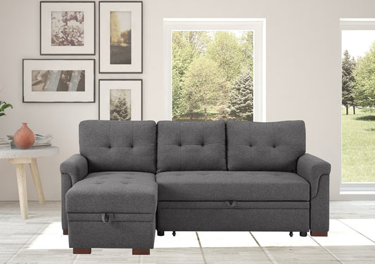TREATLIFE HOME 84" Dark Gray Linen Reversible Sleeper Sectional Sofa with Storage Chaise, Tufted Seat and Back Cushions