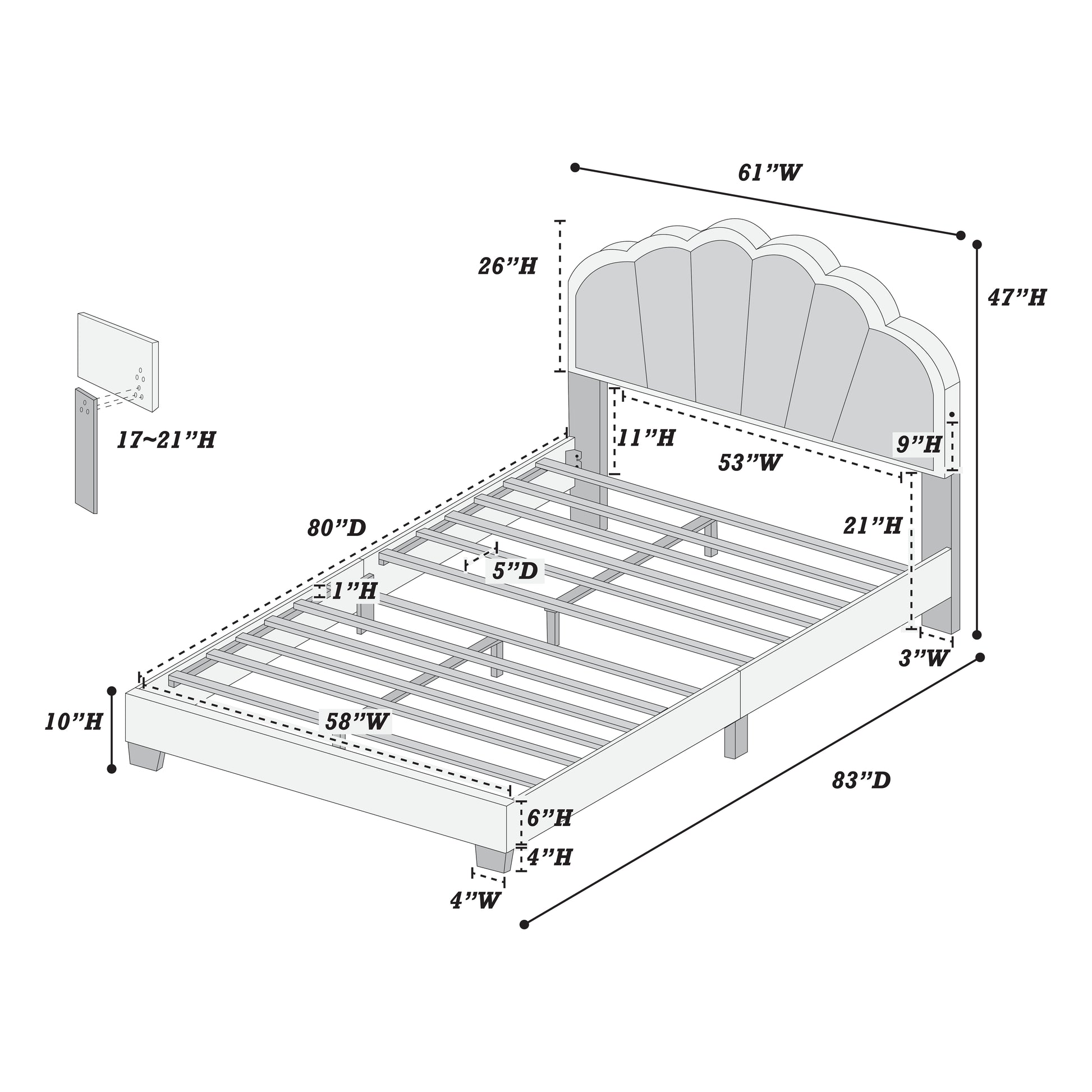 Diagram of a queen bed frame with a scalloped headboard white and gray