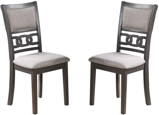 Two upholstered dining chairs with dark wood frames and grey fabric seats