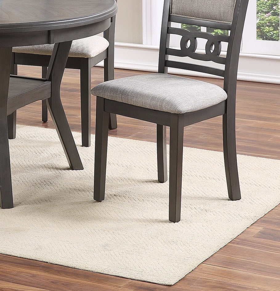Gray upholstered dining chair with decorative backrest