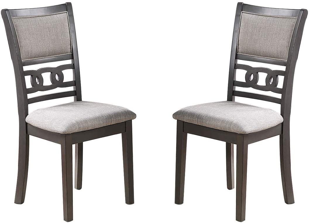 Two dark wood dining chairs with gray upholstered seats and backs featuring a decorative linked circle backrest
