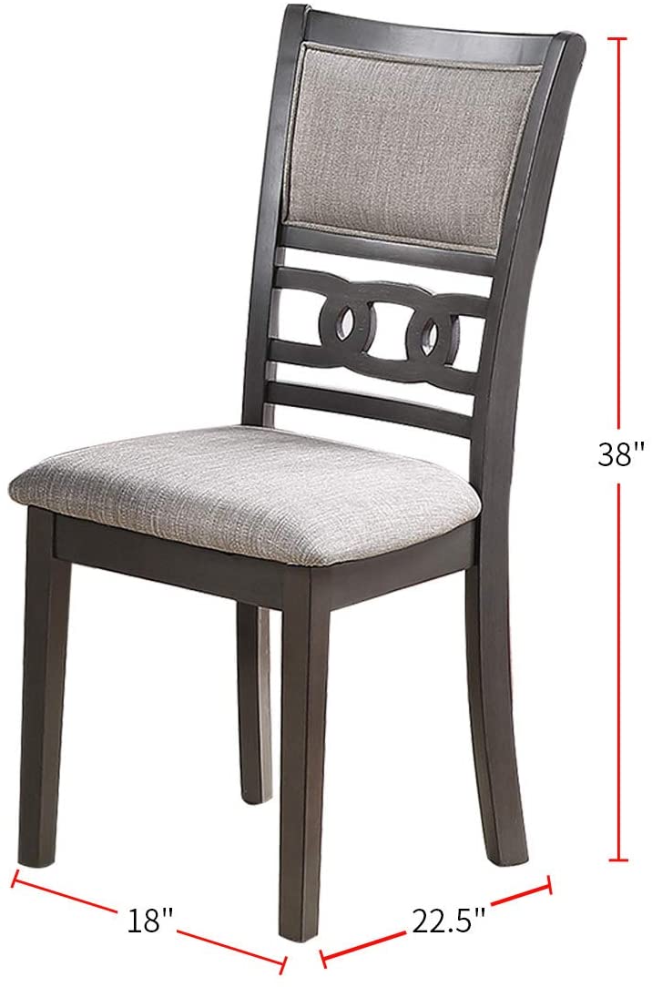 Dark brown wooden dining chair with light grey upholstered seat and back