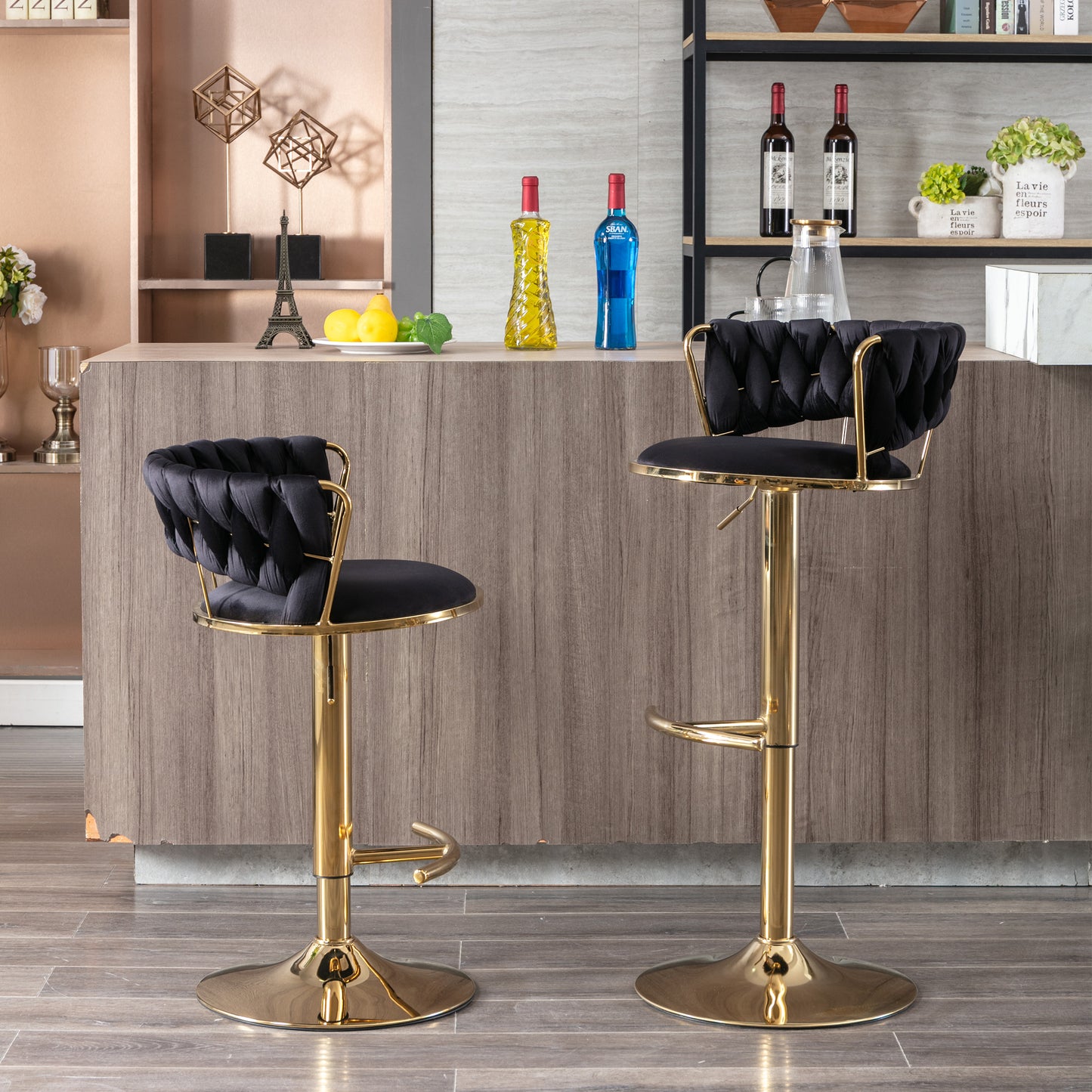 Black velvet bar stool with gold base and adjustable height