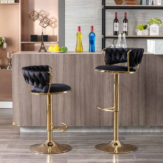 Black velvet bar stool with gold base and adjustable height