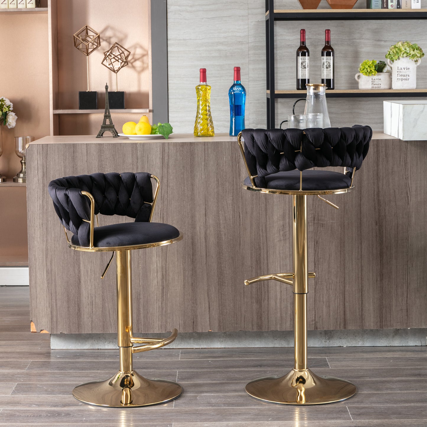 Black velvet tufted bar stool with adjustable gold base and tufted backrest