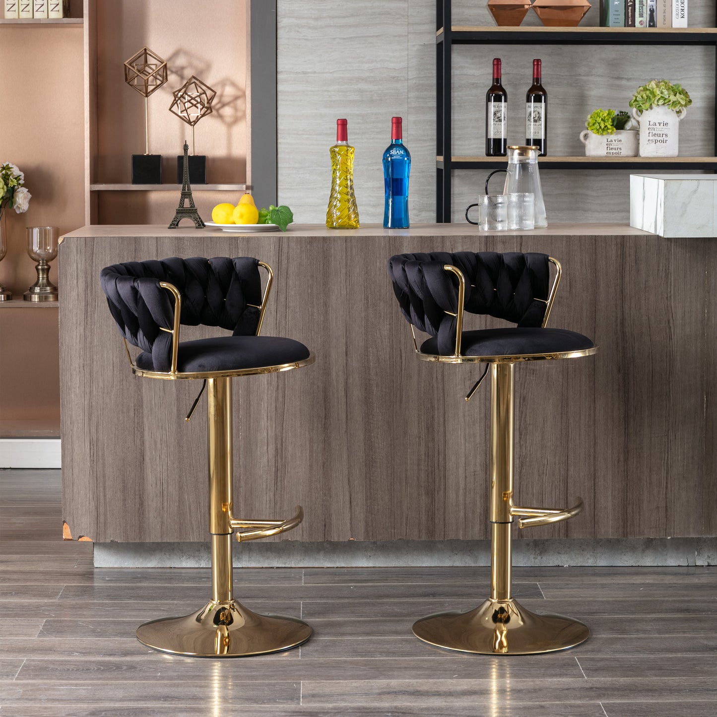 Black velvet tufted bar stool with gold base