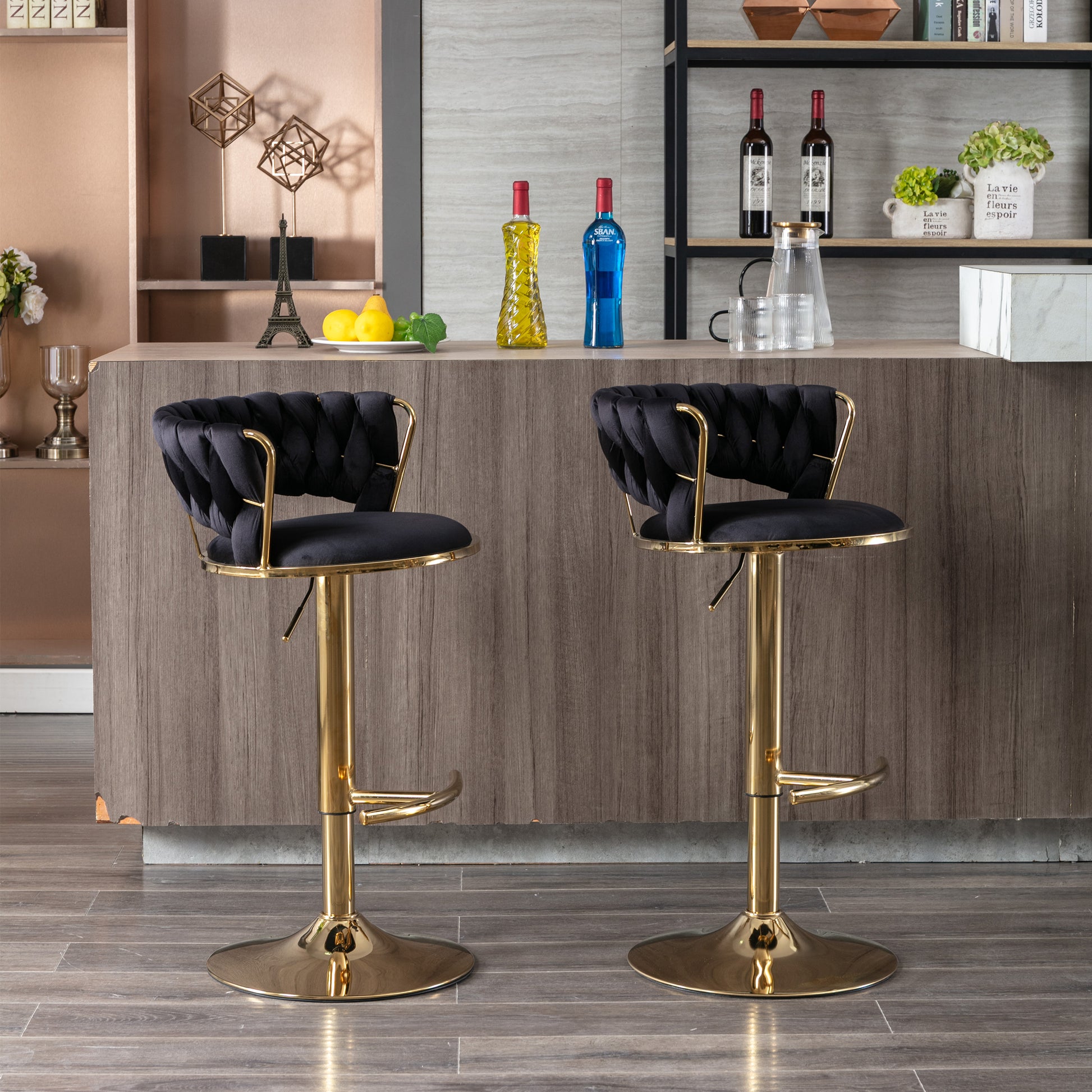 Black velvet tufted bar stool with gold base