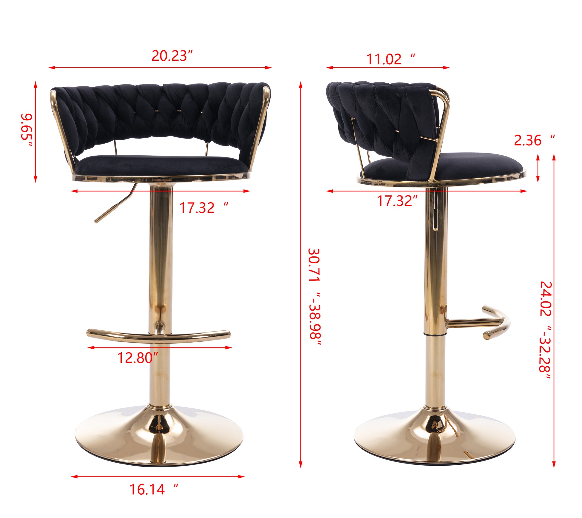 Black velvet tufted bar stool with gold adjustable base