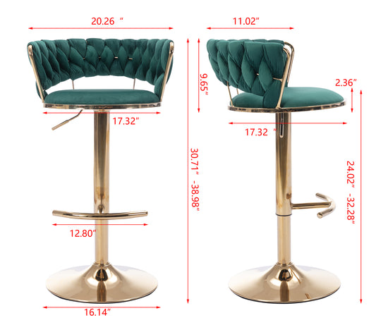 Deep emerald green velvet tufted bar stool with gold pedestal base adjustable height for modern kitchen islands